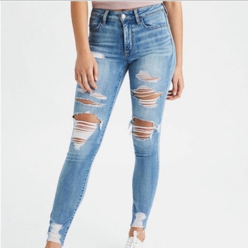 American Eagle AEO Super Stretch Destructed Hi-Rise Distressed Hem Jeggings 6